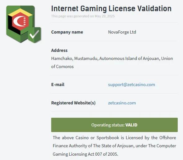 Zet Casino license